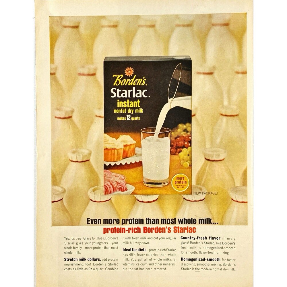 Borden's Starlac Instant Non-Fat Dry Milk "More Protein Than Whole"Print Ad 1964